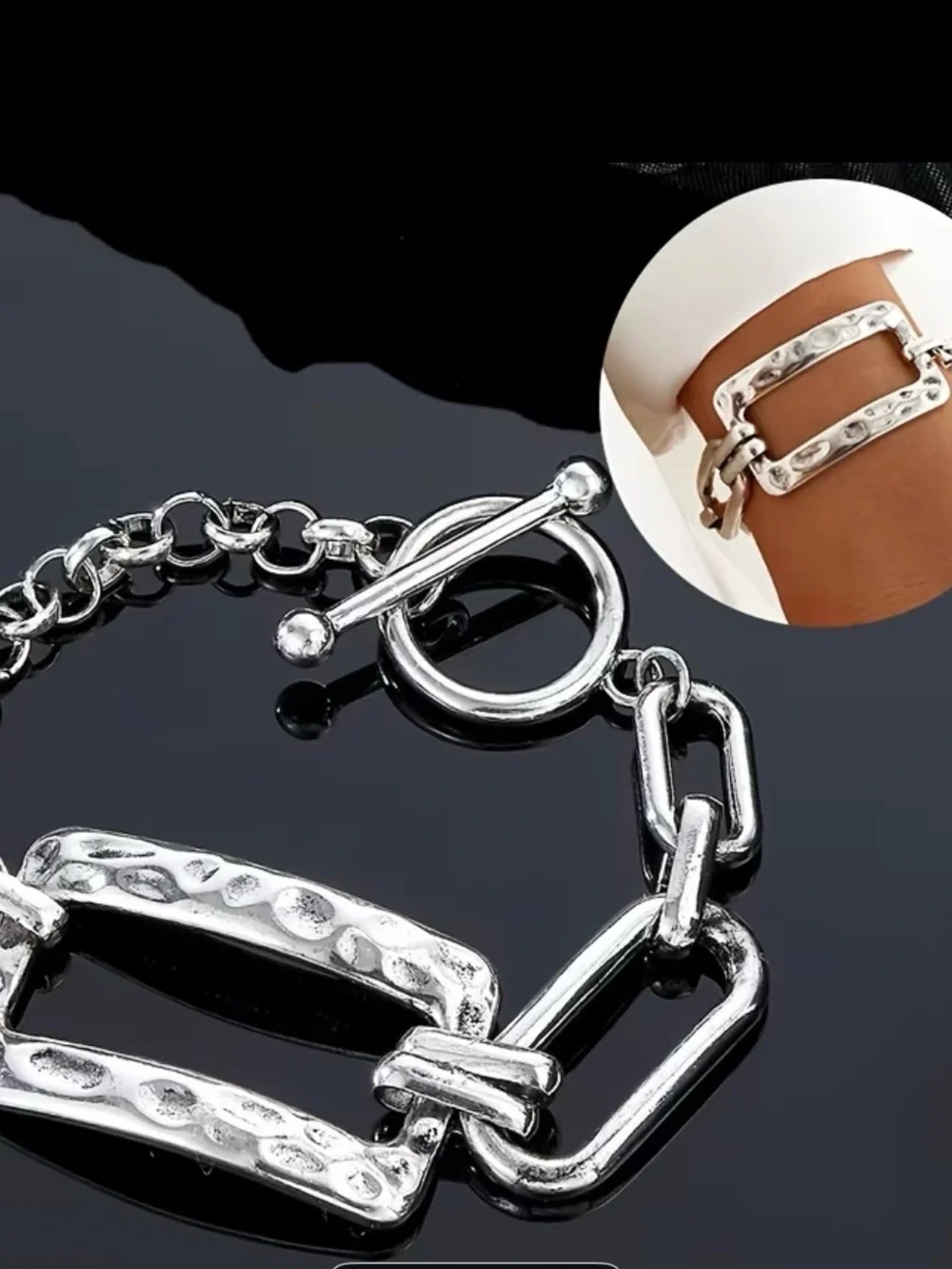 Hammered Rectangular Link Bracelet - Silver Women Jewelry